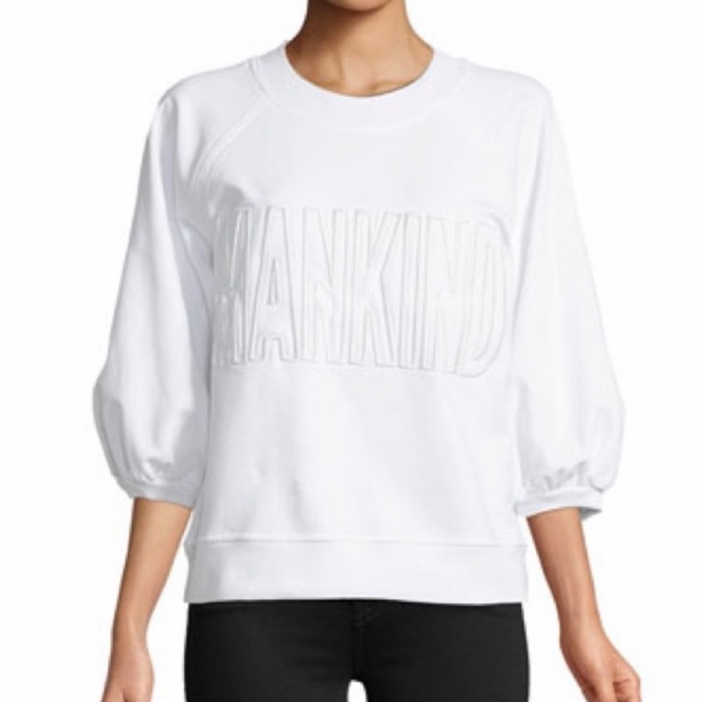 7 For All Mankind 3/4 Puff Sleeve Sweatshirt White Embroidered Size Large